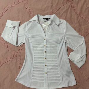 Zac & Rachel white button up blouse with gold buttons and pleated detail.